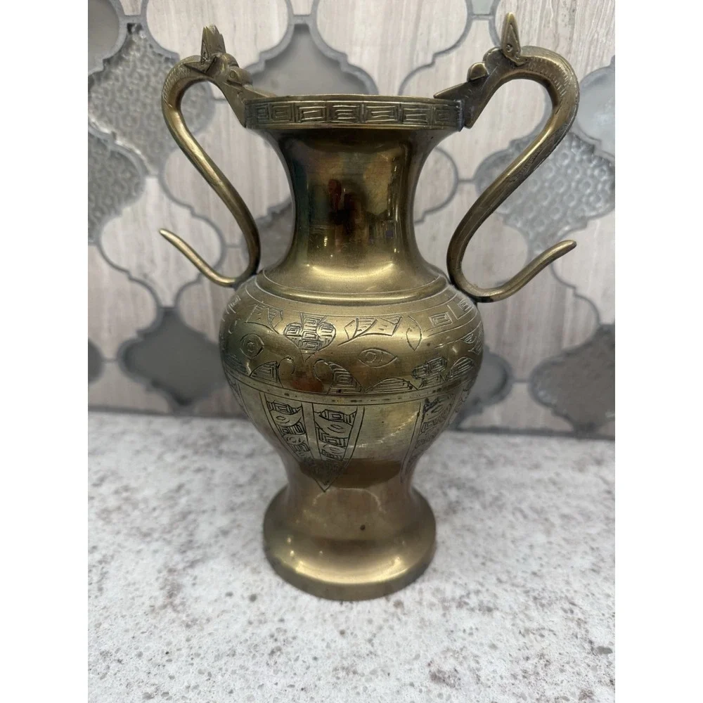 Vintage Chinese Serpent Brass Vase Mythical Creatures With Handles‎